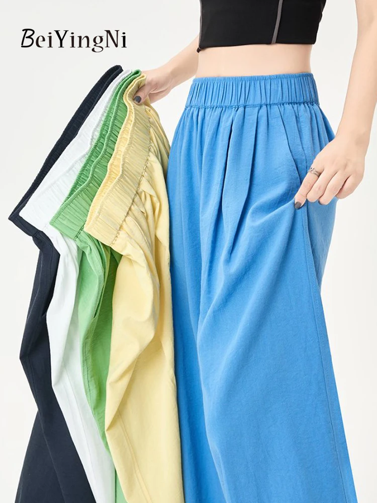 Beiyingni 2025 estate coreana donna pantaloni a gamba larga tinta unita semplice High Street pantaloni larghi in cotone e lino femminile tutto-fiammifero