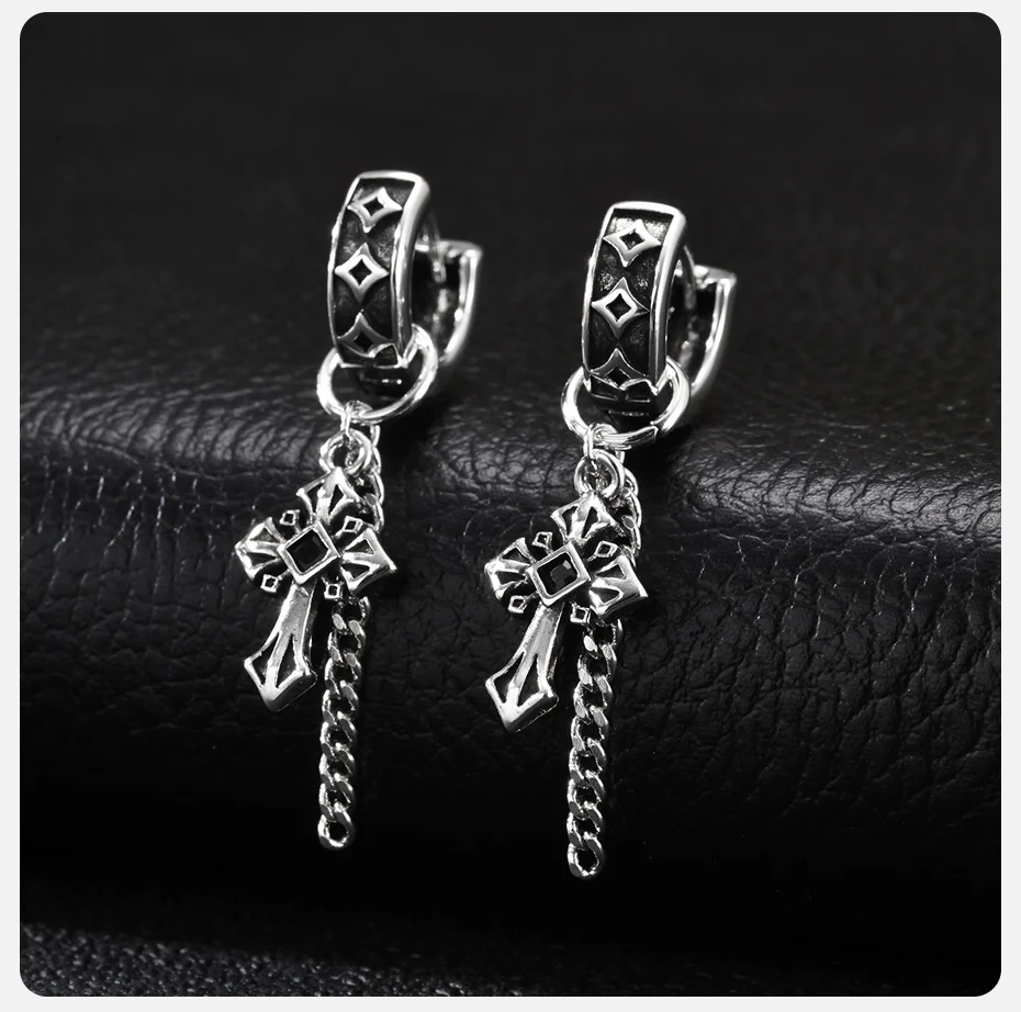 Vnox Kupfer Vintage Kreuz-Ohrhänger für Männer, Silberfarbene Kette mit Quaste, Hoop-Ohrringe im Punk-Gothic-Hip-Hop-Stil, Geschenk für Ohrschmuck – Detail 6