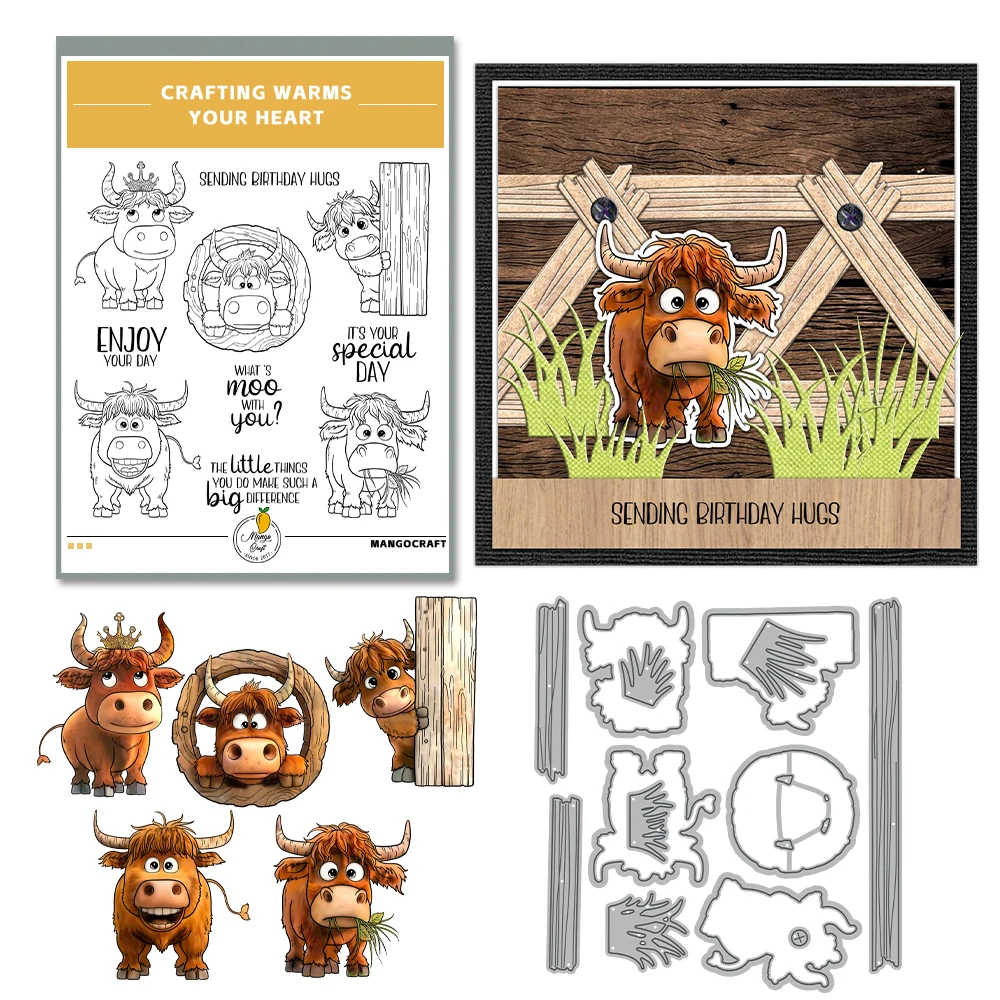 Mangocraft Cartoon Cattle Cutting Dies Clear Stamp DIY Scrapbooking Supplies Metal Dies Silicone Stamp For Cards Albumy Decor