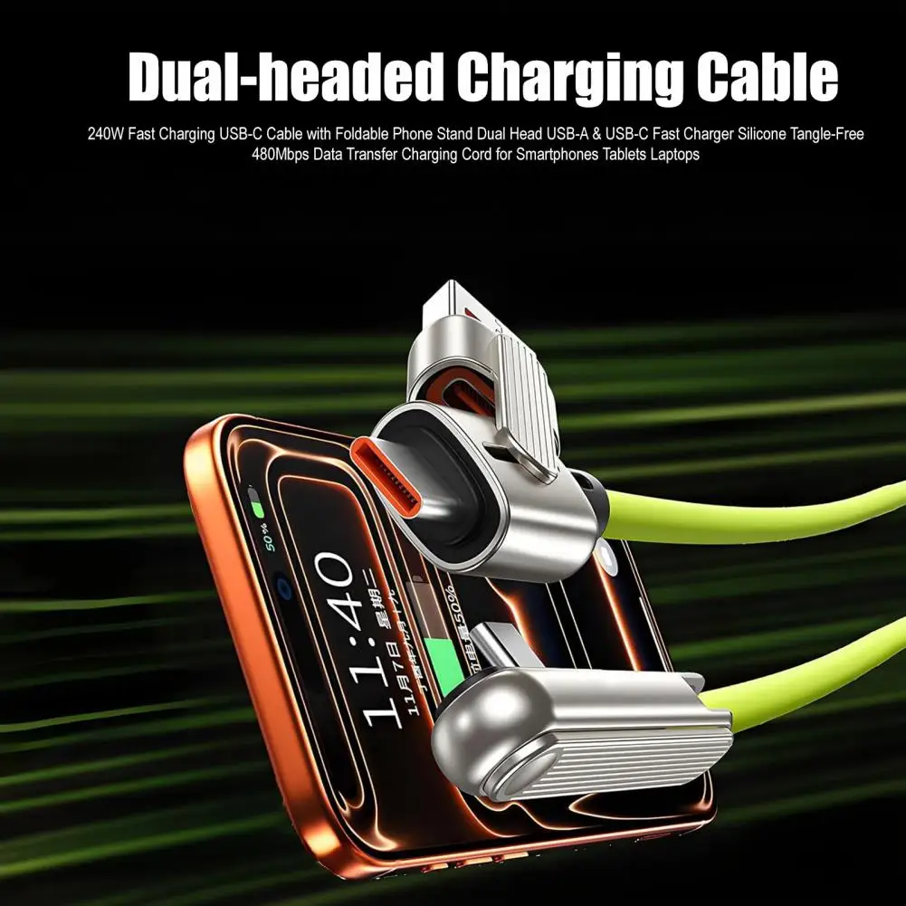 240W Fast Charging USB-C Cable Phone Stand Dual Head USB-A & USB-C Fast Charger Silicone 480Mbps Data Transfer Charging Cord