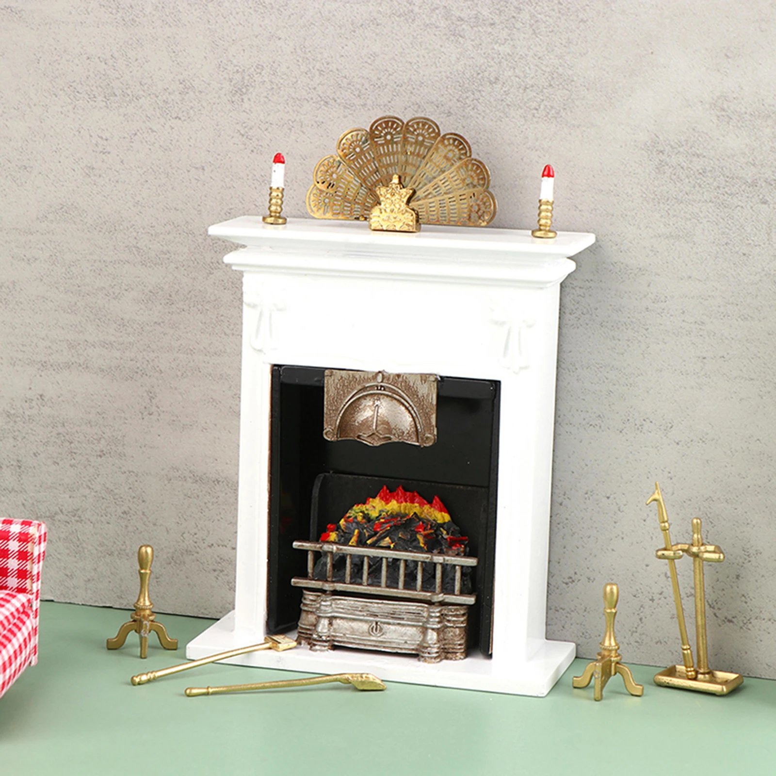 1/12 Vintage Dollhouse Fireplace CoverSet Miniature Model Life Scene Landscape Craft Metal Furniture For Room Decoration Present