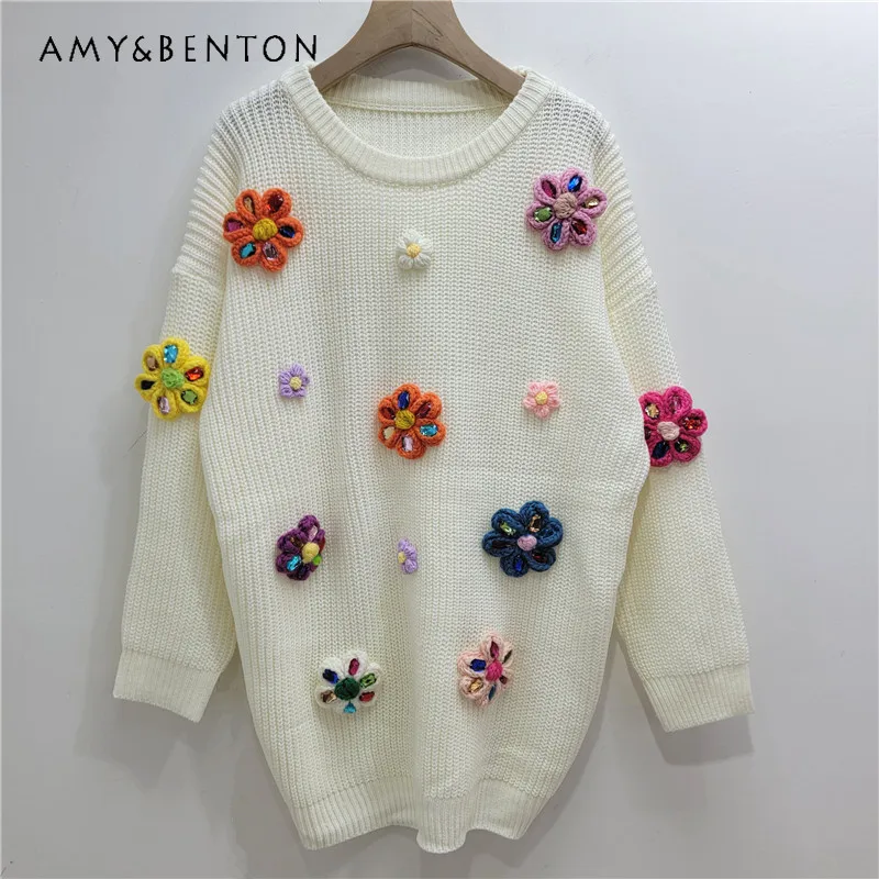 Autumn Winter New Sweet Cute Knitwear Three-dimensional Colored Flower Diamond-encrusted O-Neck Loose Pullovers Knitted Sweater