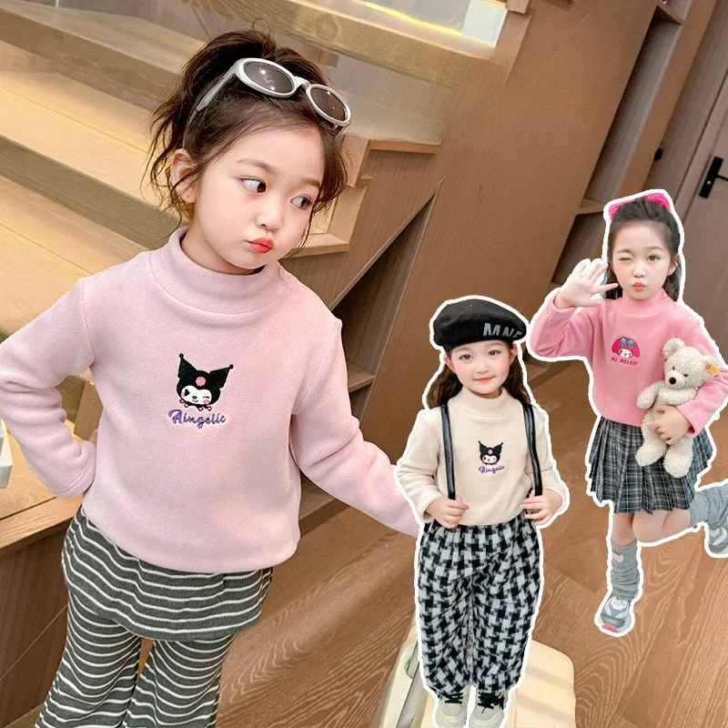 Kawaii Kuromi Kids Autumn Thicken Undershirts Sanrio Anime Girls Clothes My Melody Cute Fashion  Winter Long-sleeves warm Tops