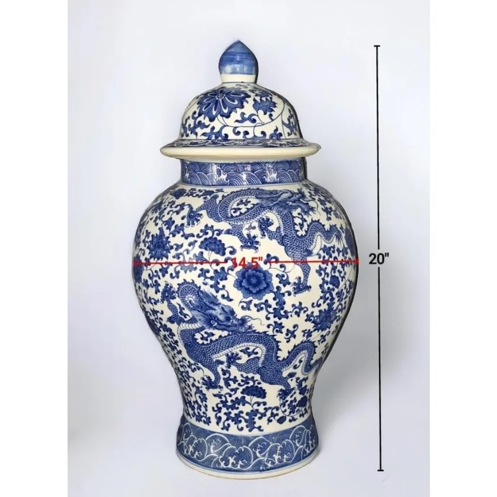 Large Blue & White Floral Porcelain Ginger Jar Vase, Qing Dynasty Style