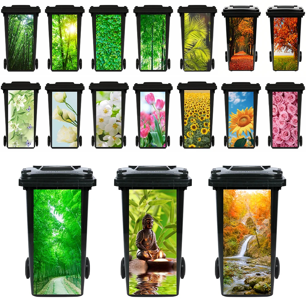 

Natural Landscape Floral Art Mural Trash Can Sticker 3D Removable Primeval Forest Flowers Poster for Outdoor Wheeled Garbage Can