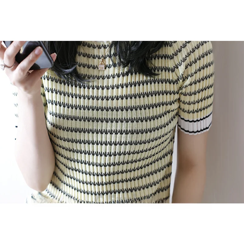 Faionable tricoté coupe ajustée rond Ne T-irt avec motif tapisserie ort Sve femmes haut d'été Quali comptoir marchandises