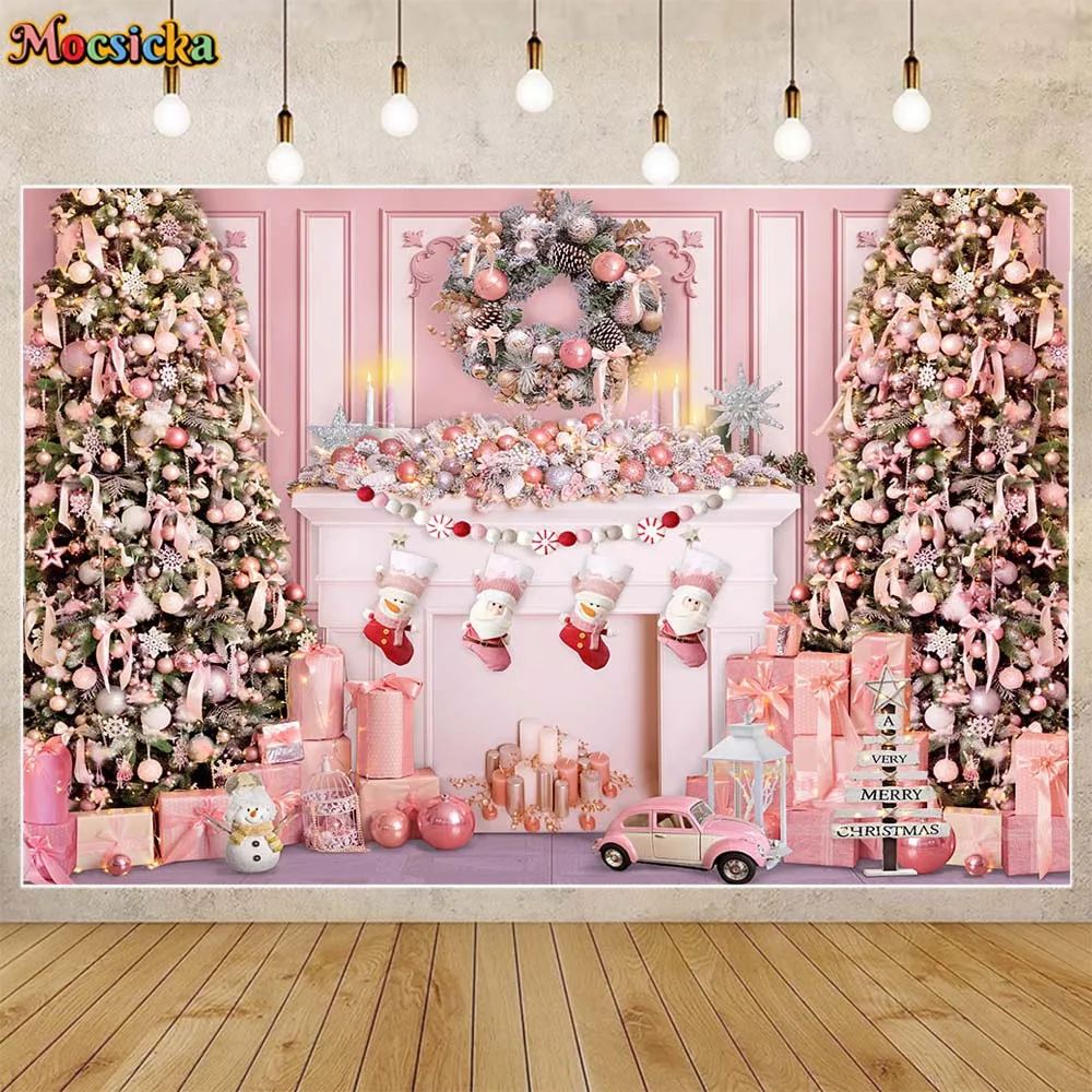 

Mocsicka Christmas Backdrop Pink Wall Xmas Tree Wreath Fireplace Newborn Photography Props Girl Birthday Background Photo Studio