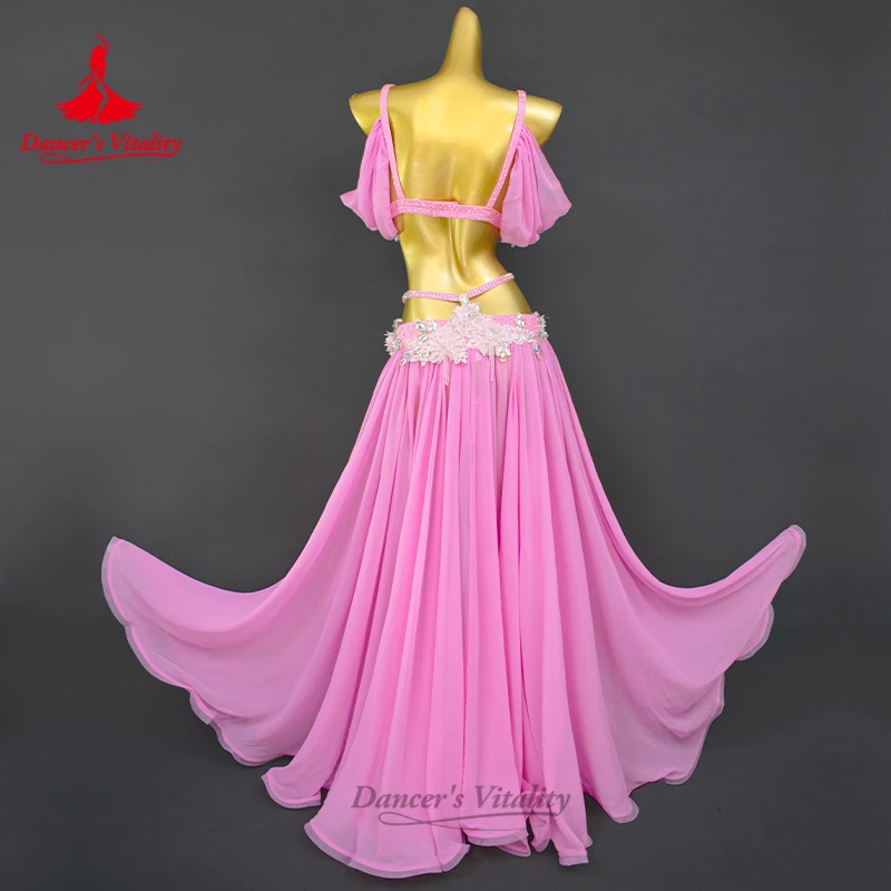 مجموعة أزياء الرقص الشرقي للنساء حمالة صدر فاخرة مرصعة بأحجار الراين + تنورة طويلة مثيرة مكونة من قطعتين ملابس أداء الرقص الشرقي الشرقي