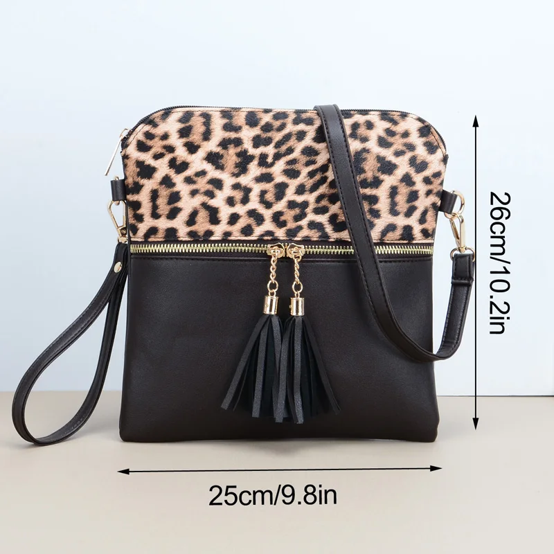 Casual Leopard Pattern Crossbody Bags For Women, Vintage Style Double Tassel Shoulder Bag For Daily Used Gift