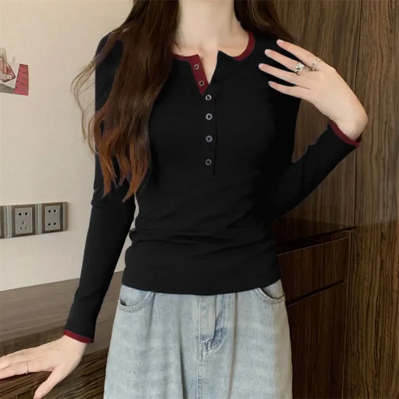 Women Contrast Color Henley Long Sleeve T Shirt Slim Fit Modal Stand Shoulder