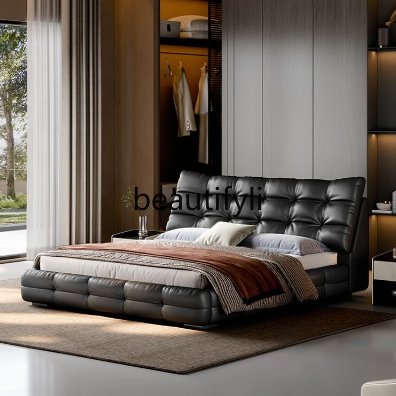 

Black Top Layer Cowhide Double Bed 1.8m Master Bedroom Soft Leather Bed