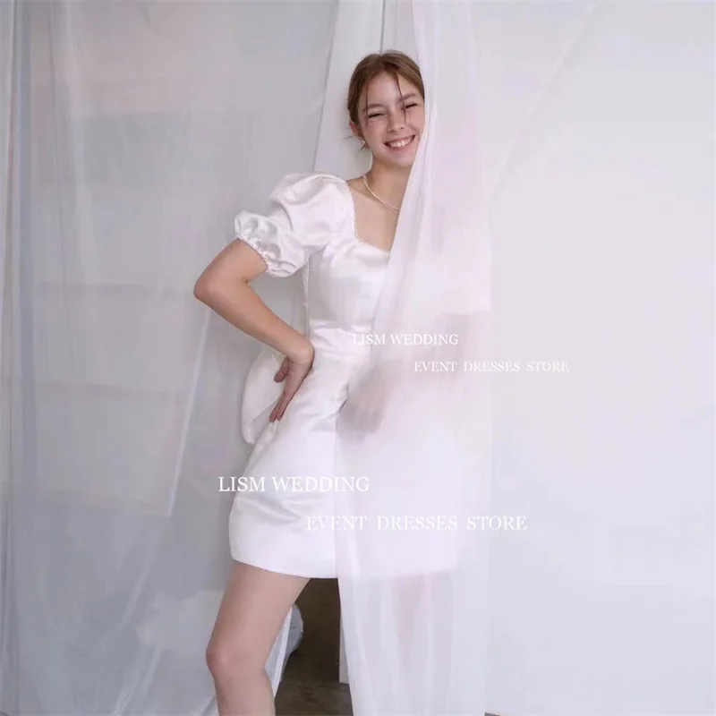 Lism einfache Satin Mini kurze A-Linie Korea Cocktail kleider Fotoshooting Puff ärmel quadratischen Kragen Hochzeit Ballkleid nach Maß