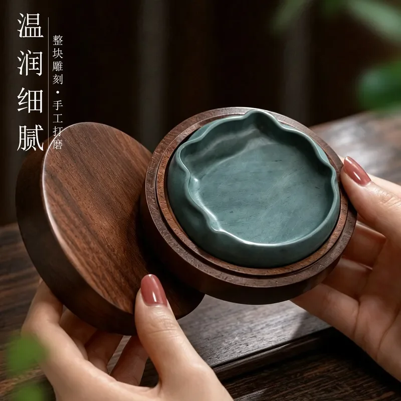 Zhaoqing White Duan Inkstone Round Hand Carved Calligraphy Stone Traditional Chinese Four Treasures Study Grinding Tool for