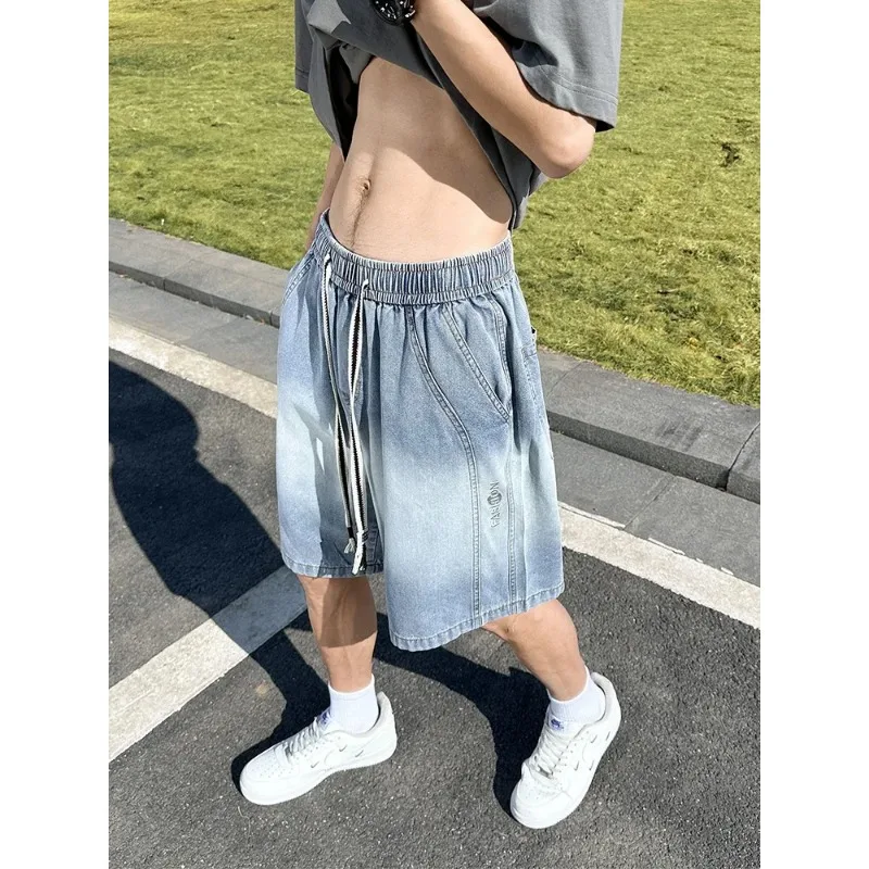 2024 Summer Denim Shorts for Men's Oversized Gradient Washed Cotton Drawstring Casual Loose Fit Shorts