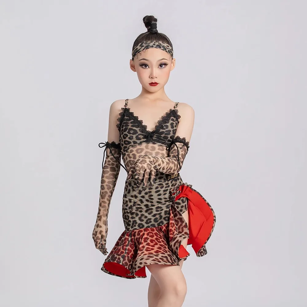 sala balowa latynoska lampart nadruk top spódnica sukienka dziewczyny amerykański taniec rumba cha cha samba tango kostium konkurs praktyka dzieci