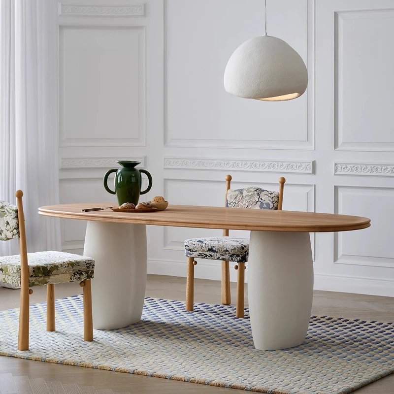 

Обеденный стол Mido, французский кремовый стиль, бытовой ретро, резиновое дерево, овальный обеденный стол, набор обеденных столов из белого дуба, шпона, массив дерева