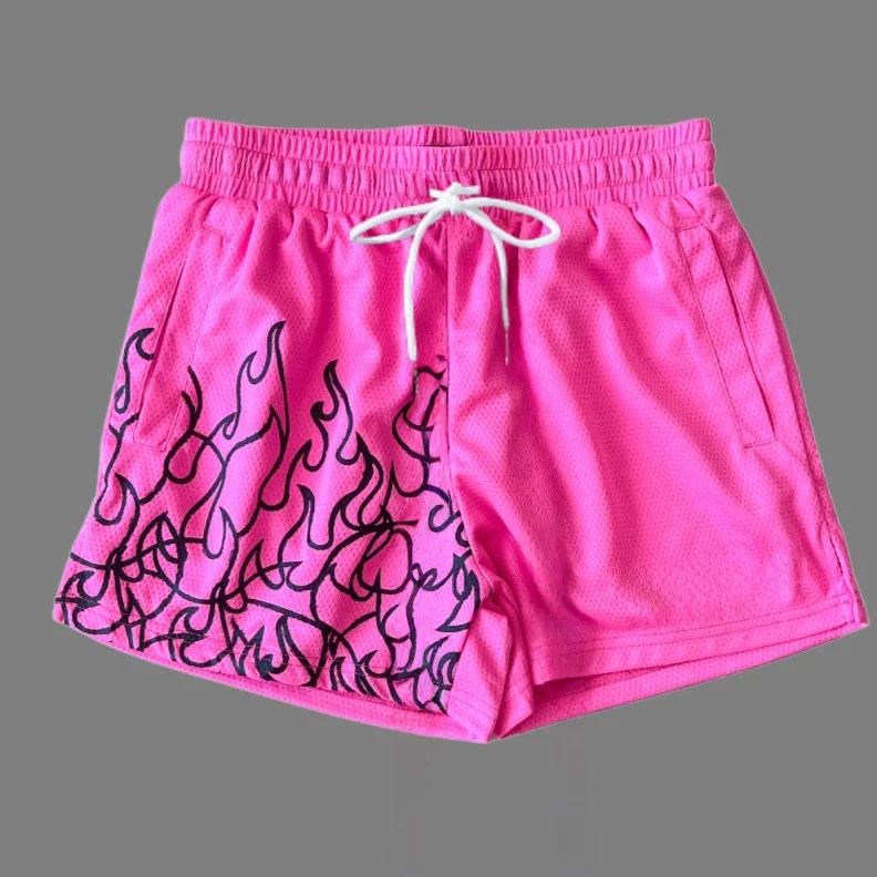 Sommer-Sonderangebot Unisex Mesh Schnelltrocknende Shorts Hip-Hop Flammen-Graffiti-Print Kordelzug Lose Sport-Basketball-Streetwear-Shorts – Detail 3