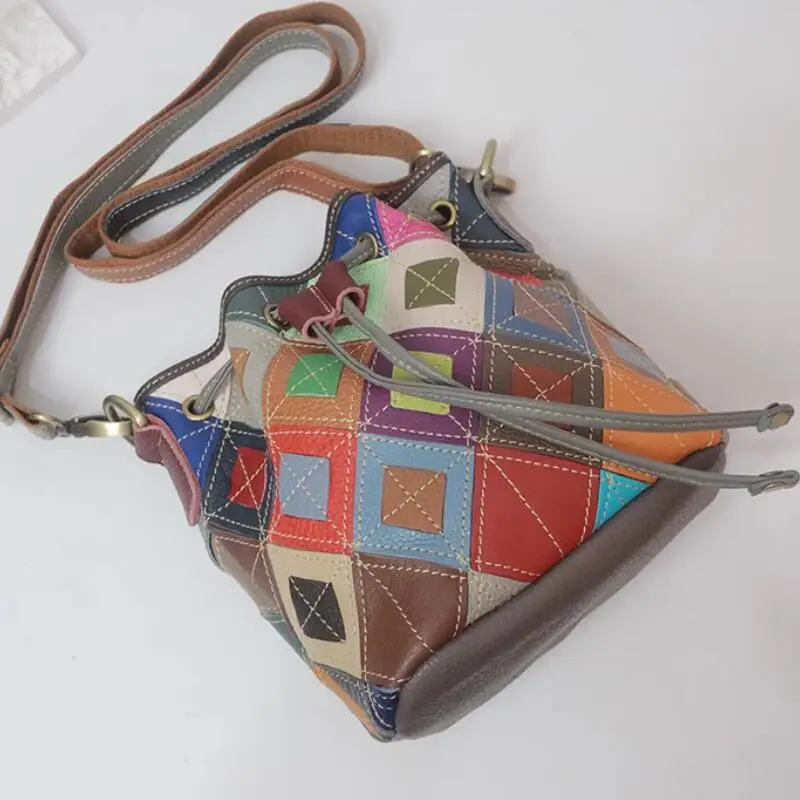 LOMANTINA  New Summer Spring Colorful Bucket Bags For Girls High Quality Genuine Leather Designer Small Tote Crossbody Messenger