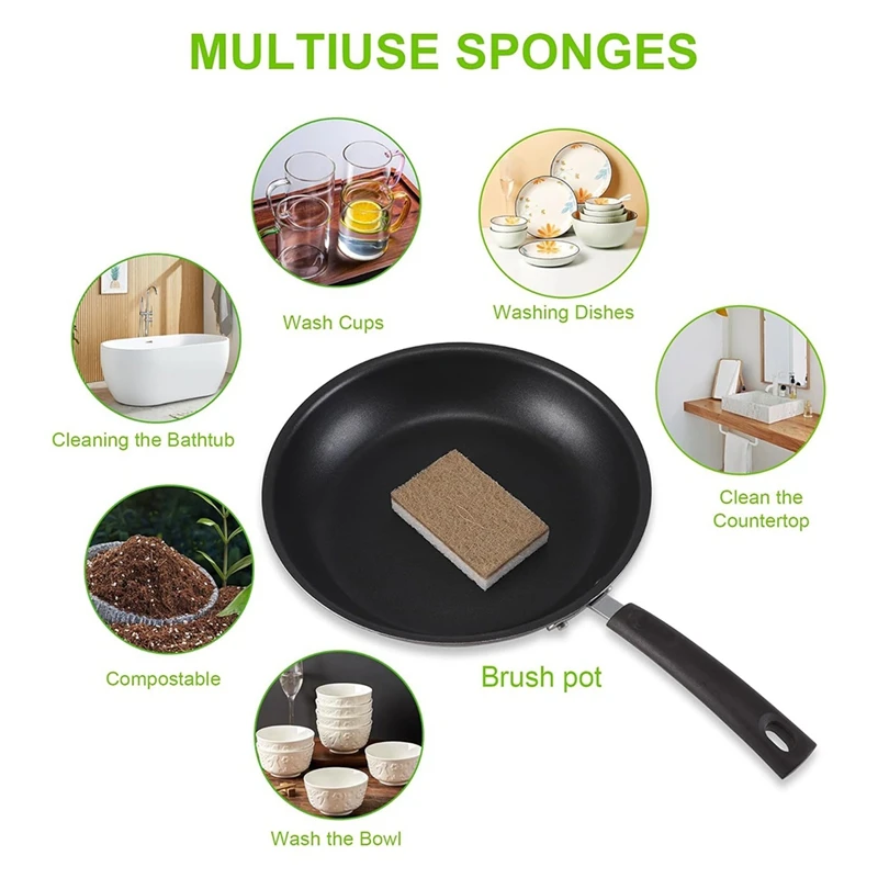 Eco-Friendly Natural Sponges For Dishes 12 Pack - Biodegradable Kitchen Sponge With Compostable Coconut Scrubber