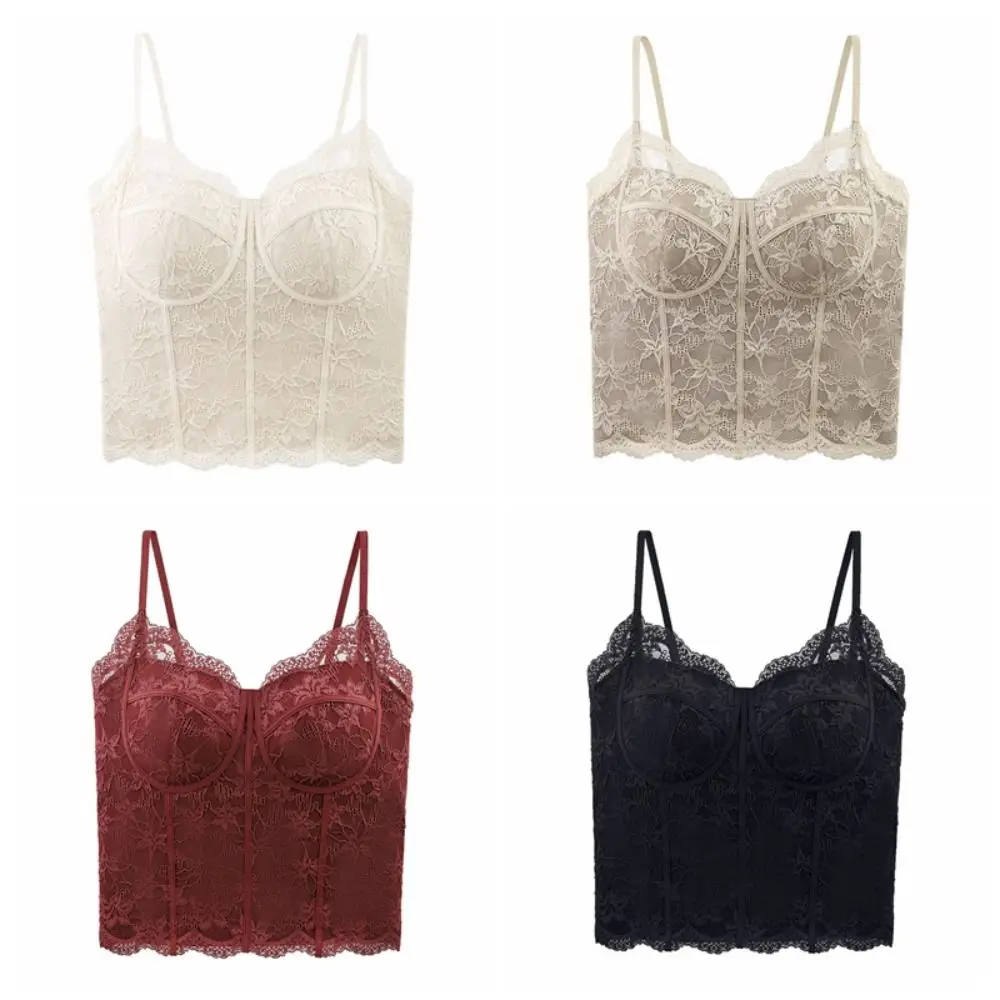 Top corto de encaje ajustado con flores de malla elegante, chaleco dulce de verano para niña, camisa de fondo, camisola picante de estilo para niña con almohadillas para mujer