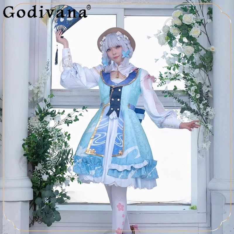 

Cosplay Girl Full Suit Long Sleeve Cosplay Costume New Bow Hat Dress Outfits Women's White Blue Princess Clothes Set