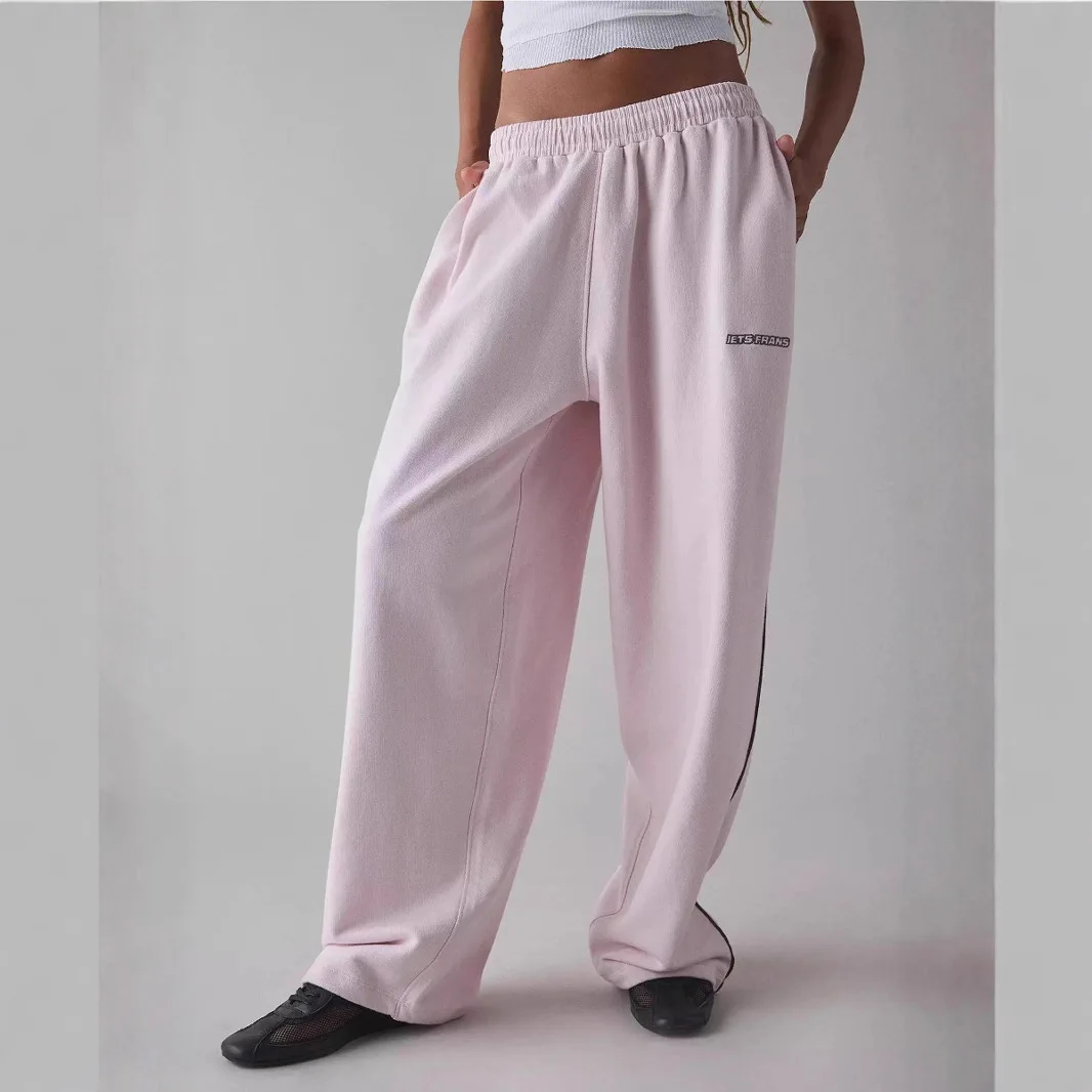 Pantalones Casuales جديد الوردي المطرزة سراويل تقليدية للنساء فضفاضة ومريحة مستقيم مرونة الخصر بنطلون 2025 جديد