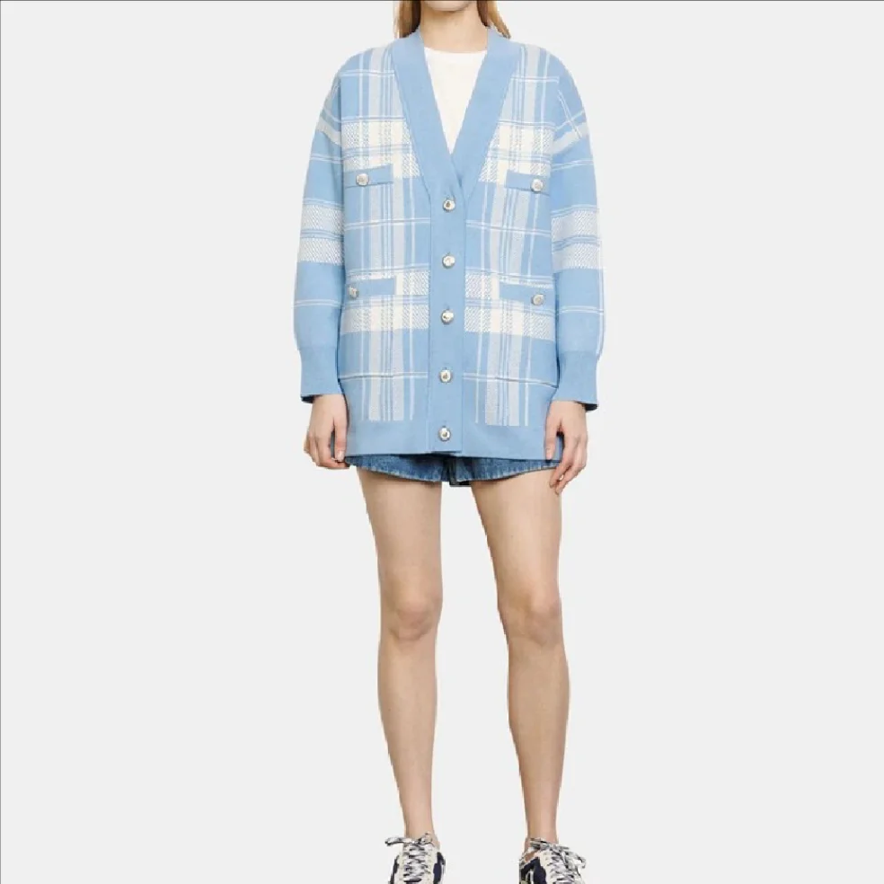 V-neck female buckle blue plaid cardigan long sleeve sweater autumn / winter knit loose oversize long jump casual