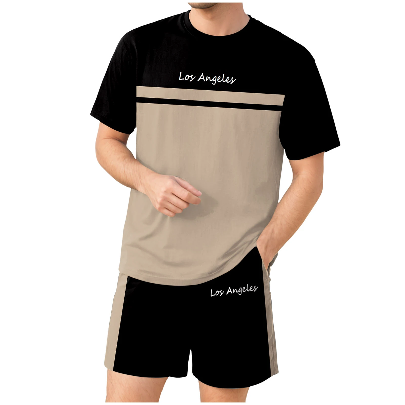 

54 Suit Men's Elastic Short Sleeved T Shirt And Shorts Set Street Casual Lettering Two Tone Print Masquerade Suits for Men