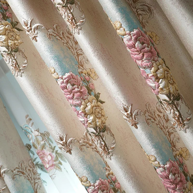 European Style Embroidered Luxury Curtains for Living Room Bedroom 3D Floral Pink Curtains High Precision Window Tulle Customize