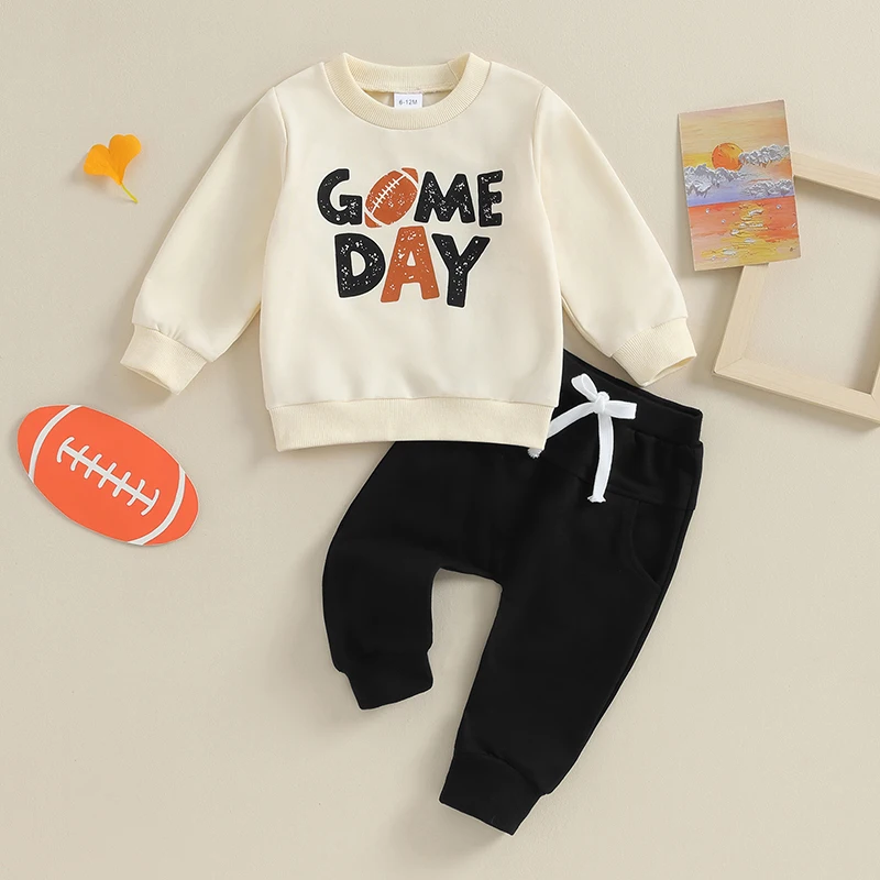 

Baby Boys Pants Set, Long Sleeve Crew Neck Letters Rugby Print Sweatshirt with Elastic Waist Sweatpants Infant Clothes