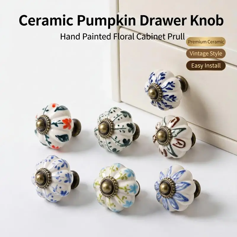 Scratch Resistant Ceramic Pumpkin Cabinet Knob 1 Set Vintage Drawer Pull Furniture Hardware for Wardrobe Closet Kitchen Cupboar