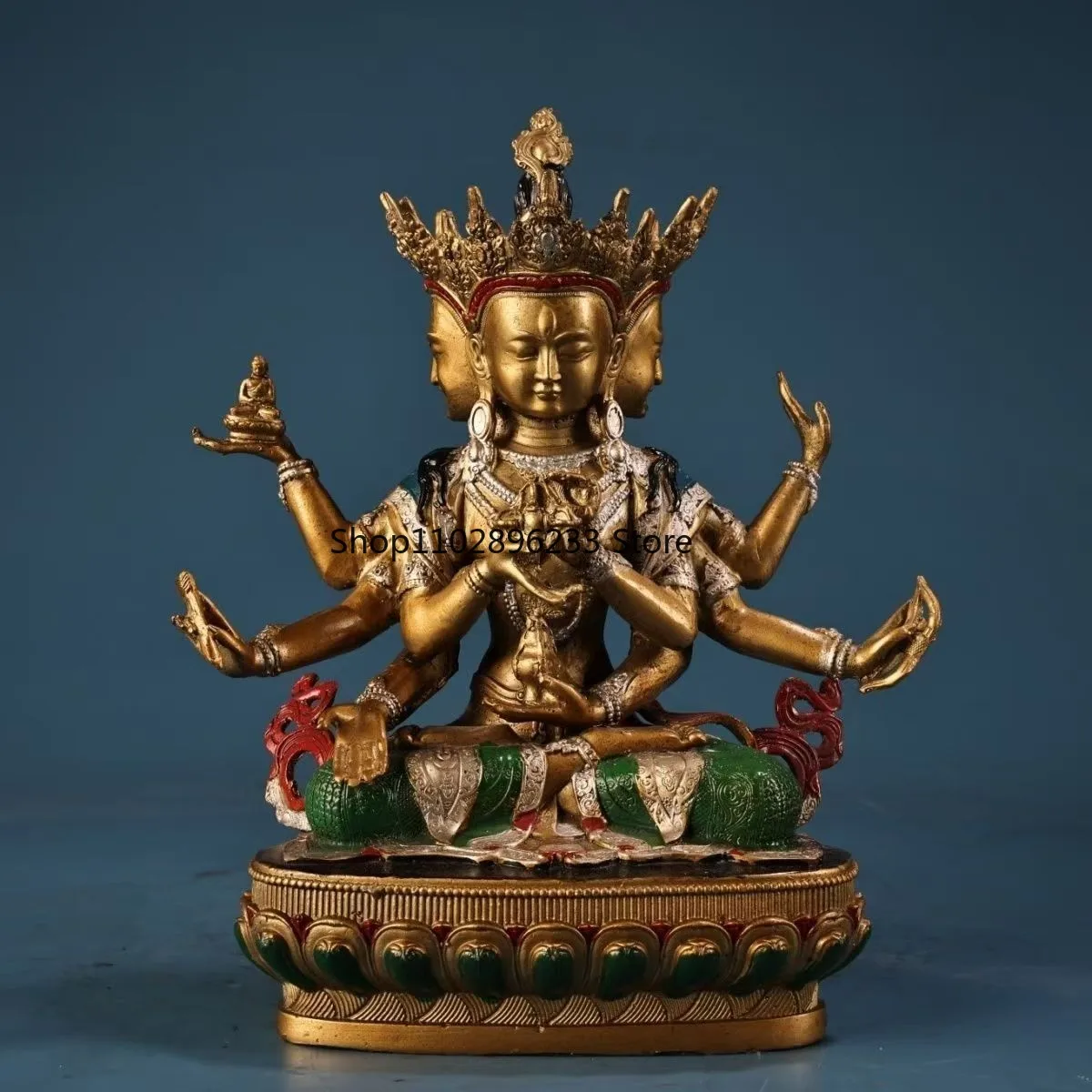Hand‑Painted Hollow Cast Brass Usnisa Vijaya Statue Tibetan 3 Heads 8 Arms