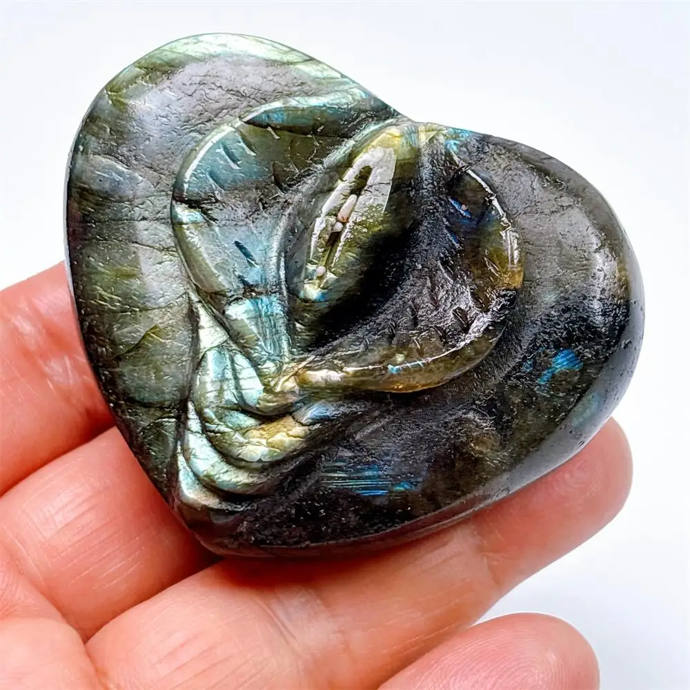 Natural Quartz Heart Labradorite Healing Gemstone Animal Figurine Reiki Stone Lucky Source of Life Carving for Decoration And Gi
