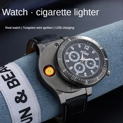 New Retro Men's Watch Tungsten Wire Lighter Creative USB Charging Reminder Light Windproof Electronic Cigarette Igniter