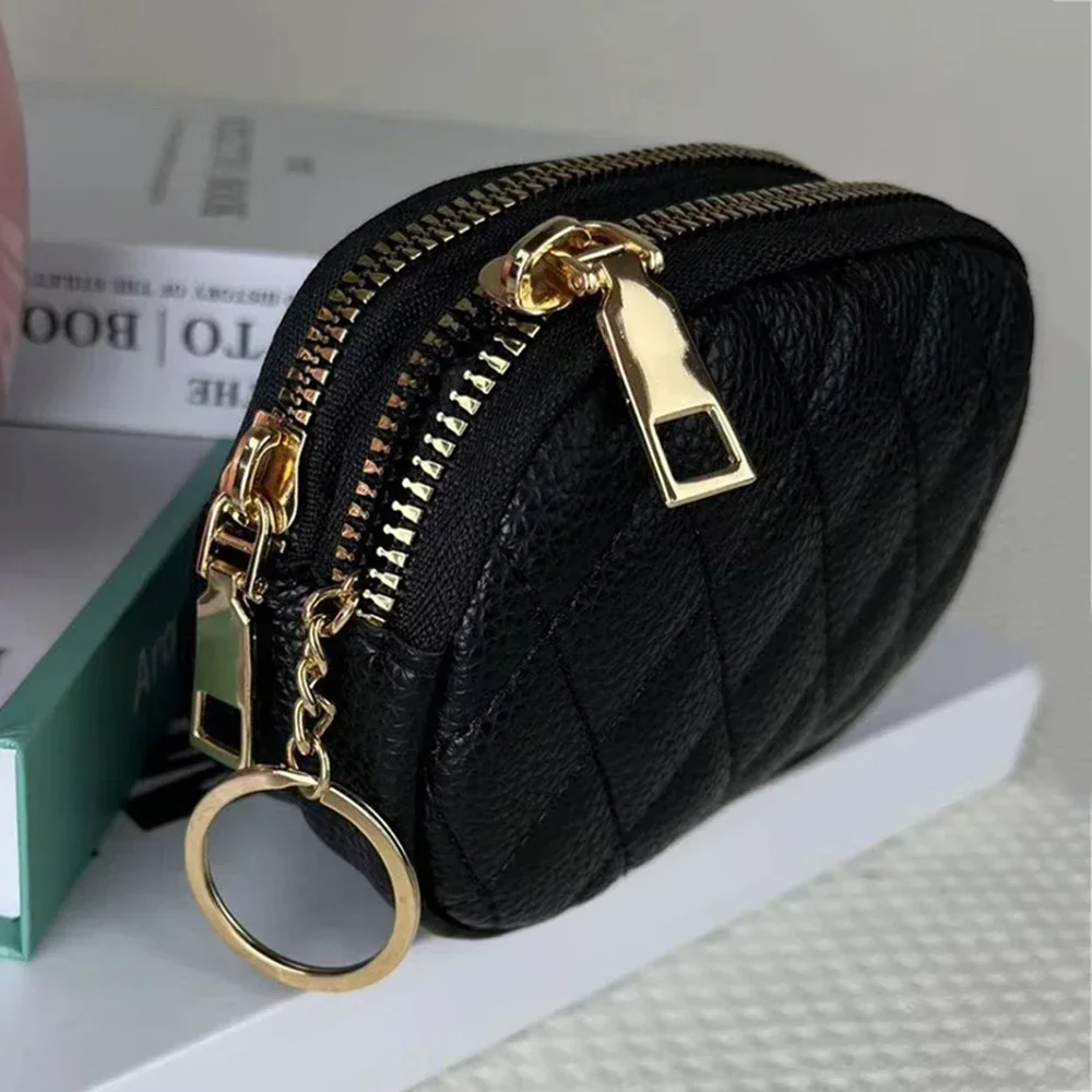 Double-layer Zipper Short Wallet Women Large Capacity Storage   Pouch With Ring Key Pocket Money Card Holder Lipstick Bags