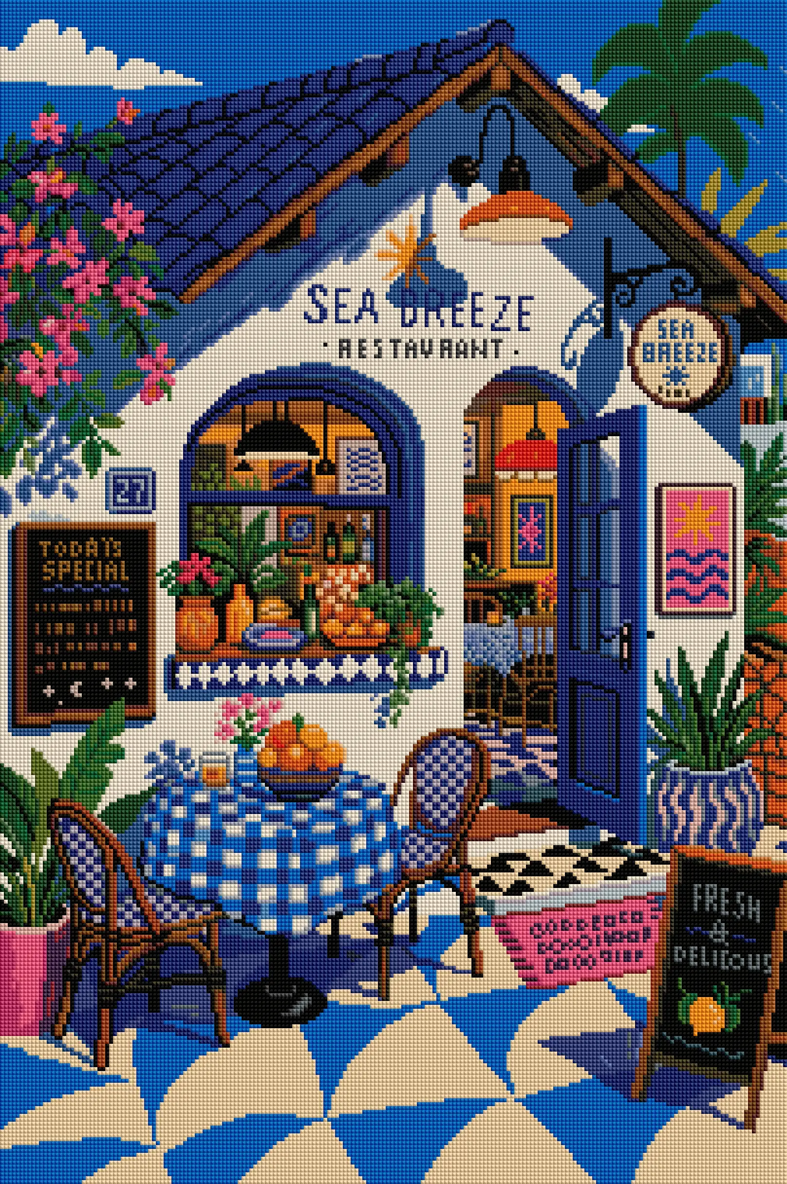 FOREVERYOUNG 5D Diamond Painting Kit Blue‑White Restaurant II 50×75cm Square AB Fairy Dust Drill DIY Mediterranean Street View.