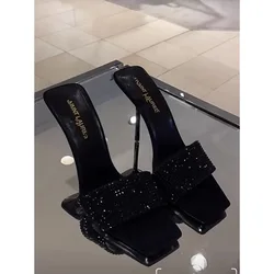 2024 Summer New Square Head Black Rhinestones with Sandals Thin Heels High Heels Sandals Women Platform Shoes