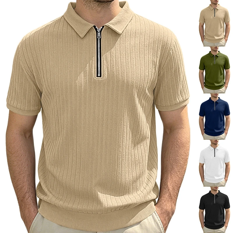 Spring Summer Men Shirts Vertical Stripe Jacquard Knit Polo Half Zip Soft Breathable Stretch Simple American Casual Lapel Shirt
