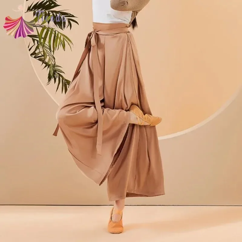 Skirt Pant Practice Dancing Clothes for Women Chiffon Wide Leg Culotte Flowy Belt Modern Folk National Dancer Costume