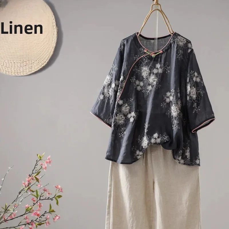 

Элегантная женская летняя рубашка из хлопка и льна с круглым вырезом, в модифицированном китайском стиле, с вышивкой, шикарный укороченный топ в стиле дзен