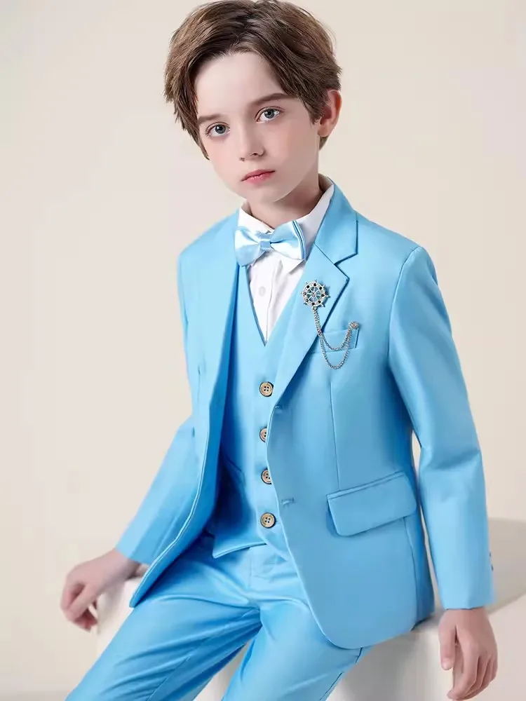 

Children Sky Blue Skinny Photography Suit Boys Jacket Vest Pants Bowtie 4PS Ceremony Costume Kids Birthday Wedding Tuxedo Dress