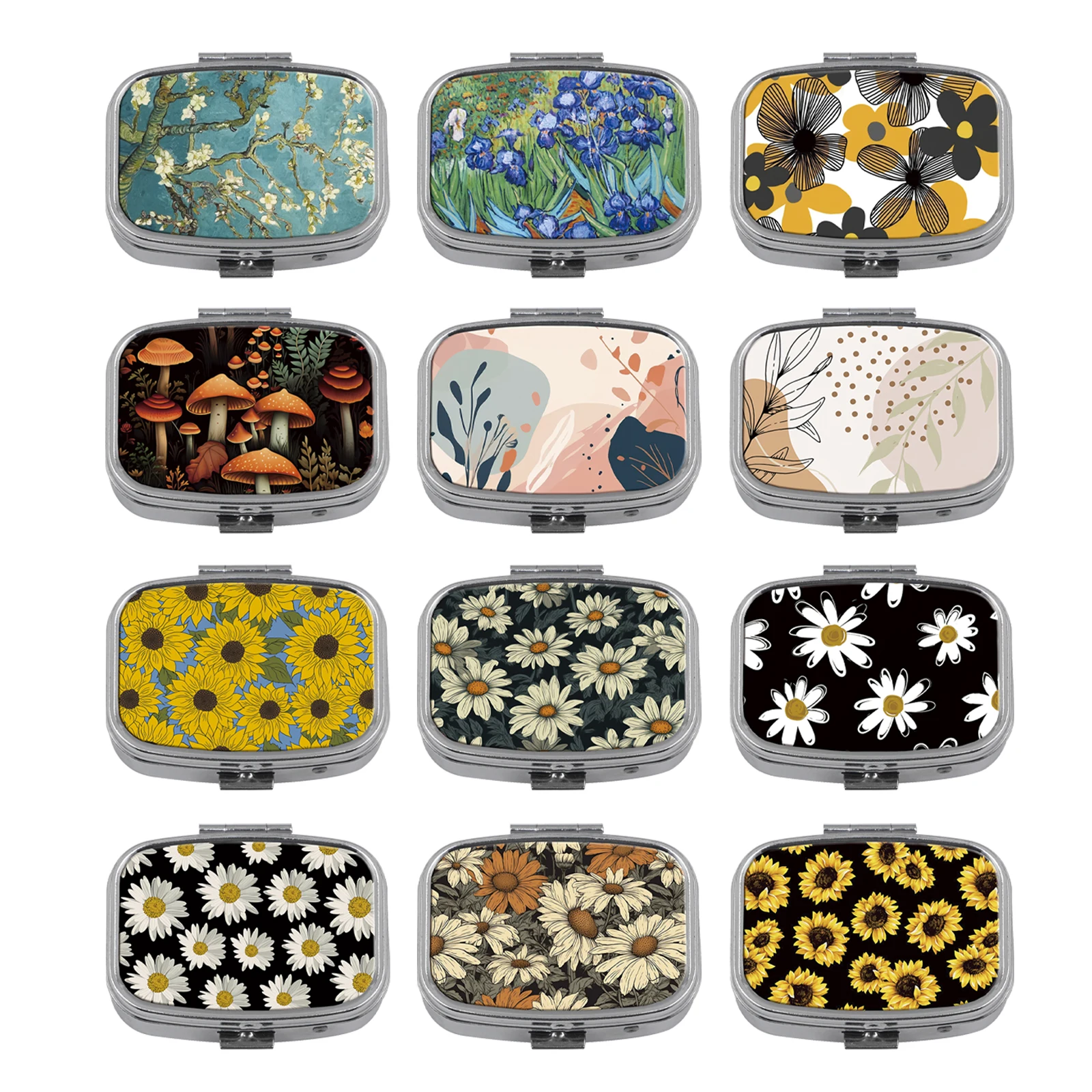 

Vintage Print Daisy Pill Box Divided Metal Square Pill Box Travel Portable Splitter Medicine Case Small Pill Container Case Box