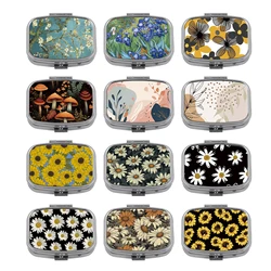 Vintage Print Daisy Pill Box Divided Metal Square Pill Box Travel Portable Splitter Medicine Case Small Pill Container Case Box