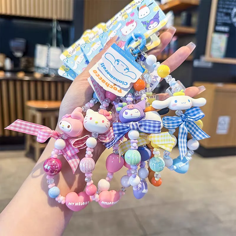 Sanrio Cartoon Kuromi Hello Kitty Cinnamoroll Melody Anhänger Schlüsselanhänger Schlüsselring Actionfiguren Handykette Perlenkette Geschenke