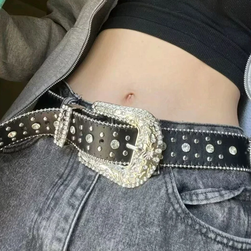 Y2K Fashion Punk Studded Full Rhinestone Belt PU Leather Bling Crystal Adjustable Glitter Waistband for Club Party Girls Gifts