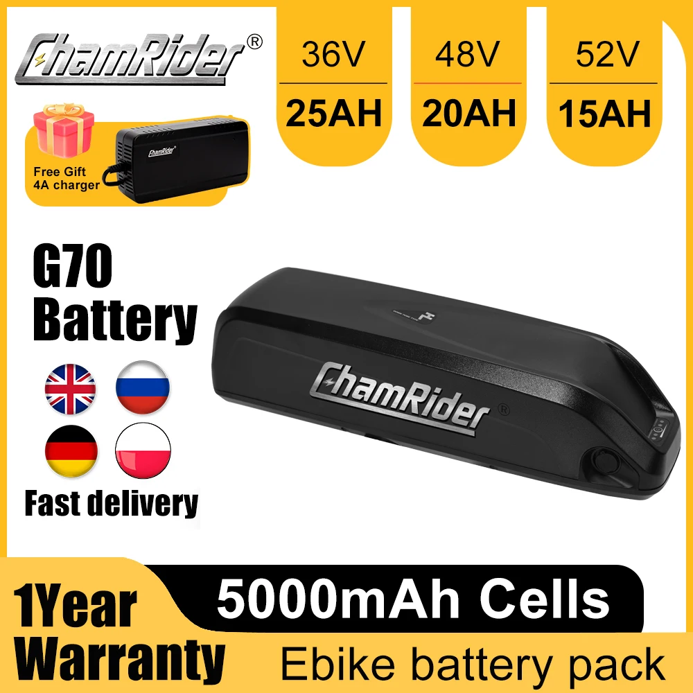 

ChamRider Waterproof Ebike Battery G70 Original 36V 25AH Battery 48V 20AH 40A BMS 350W 500W 750W 1000W 1500W 21700 Cells