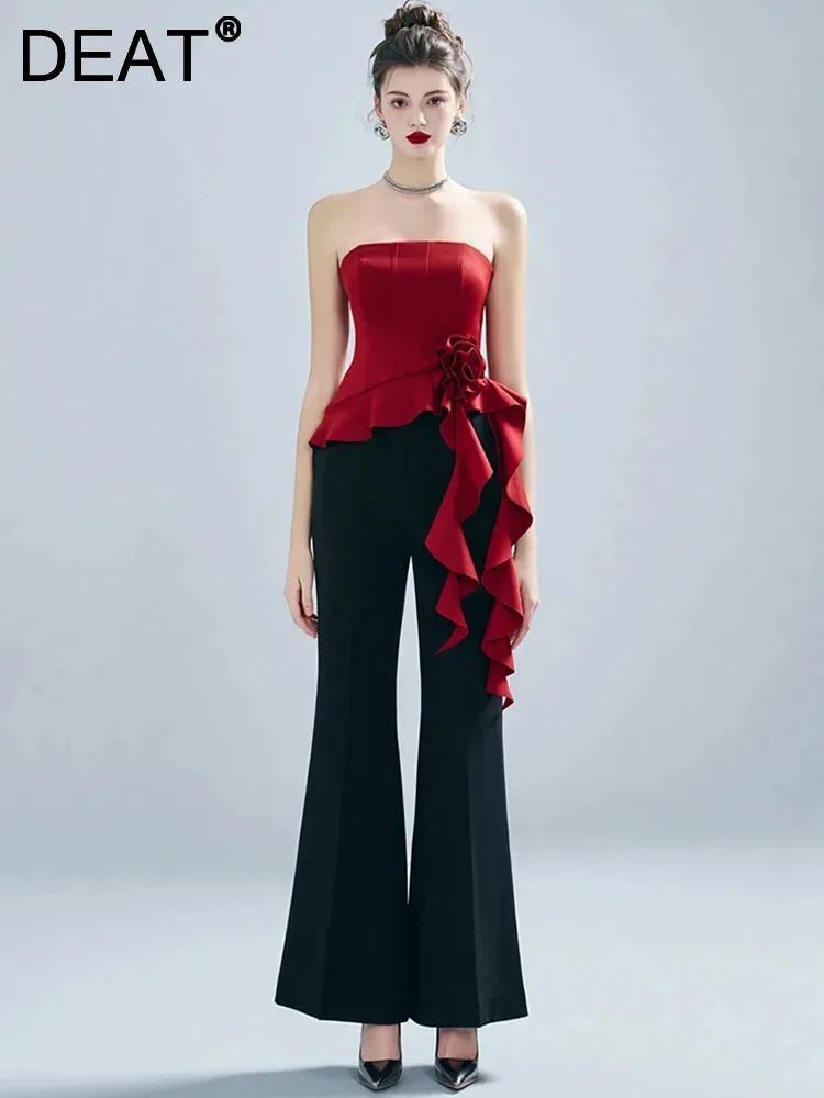 DEAT Elegant 2 Pcs Set Strapless Flower Ribbon Top High Waist Straight Flare Pant Women's Vintage Suit 2024 Autumn New 35Z760