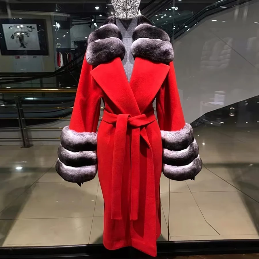 Real Cashmere Wool Fur Coat Women Winter Jacket Women Long Coat Natural Chinchilla Rex Rabbit Fur Coat Warm Fashion