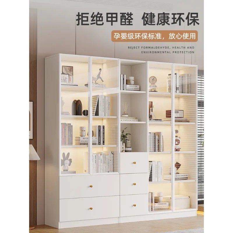 Figure cabinet glass door bookcase floor combination solid wood white bookcase display custom simple storage storage bookshelf view 3