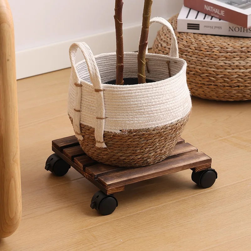 Solid Wood Thickened Movable Flower Stand Flower Stand Bonsai Flower Pot Tray Roller Base Support Frame Plant Stands Indoor Tray